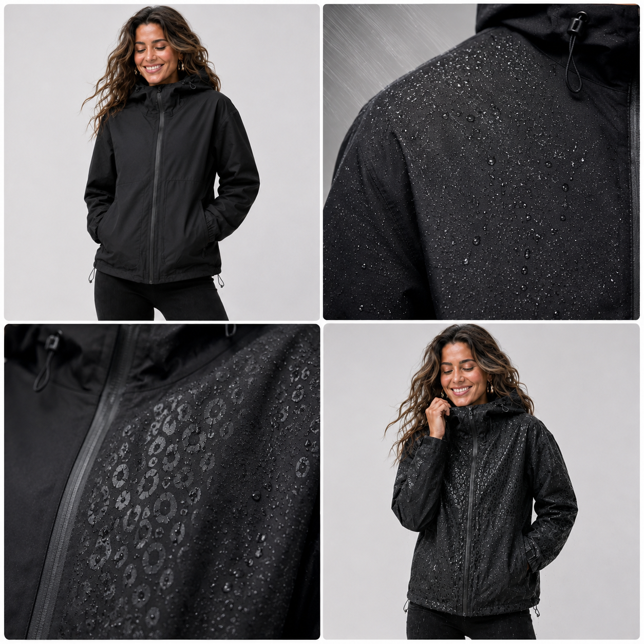 zwarte regenjas dames detail met waterdruppels op de luipaardprint