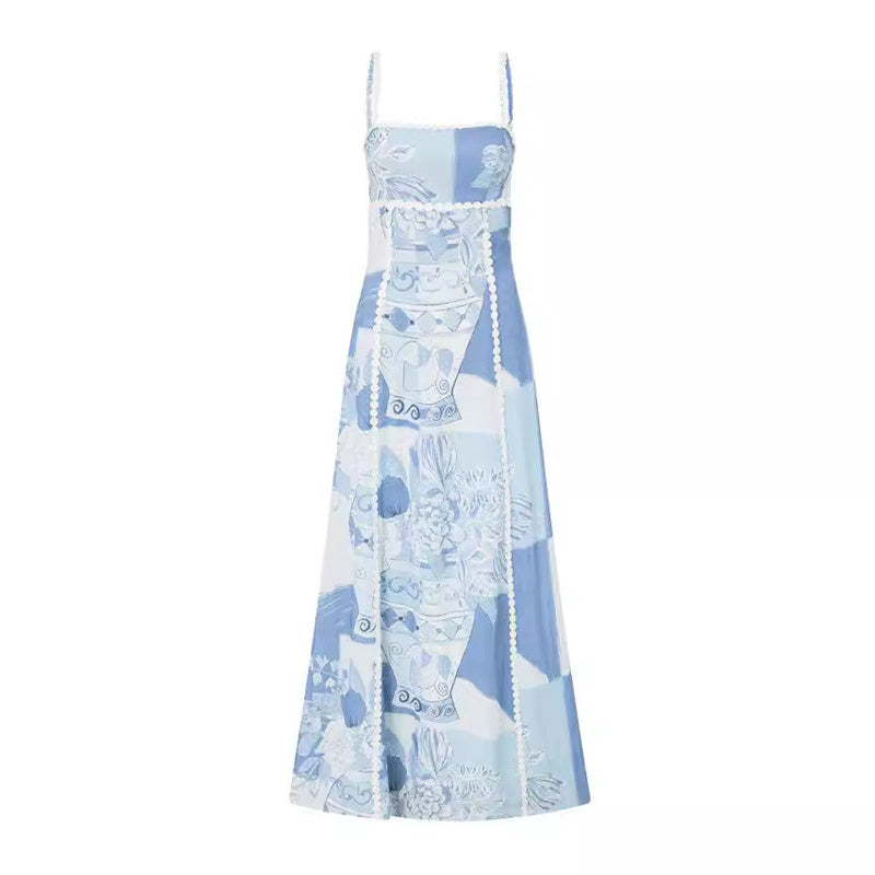 irabella Maxi-Jurk met Vaso Blu-patroon, geïnspireerd door traditionele mediterrane vazen en bloemen