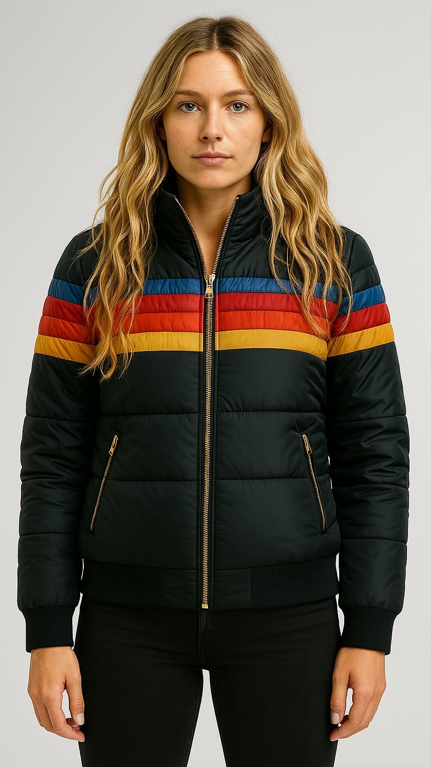 Arvanna | Retro Puffer Jacket met Regenboogstrepen & Warme Voering