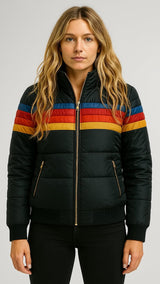 Arvanna | Retro Puffer Jacket met Regenboogstrepen & Warme Voering