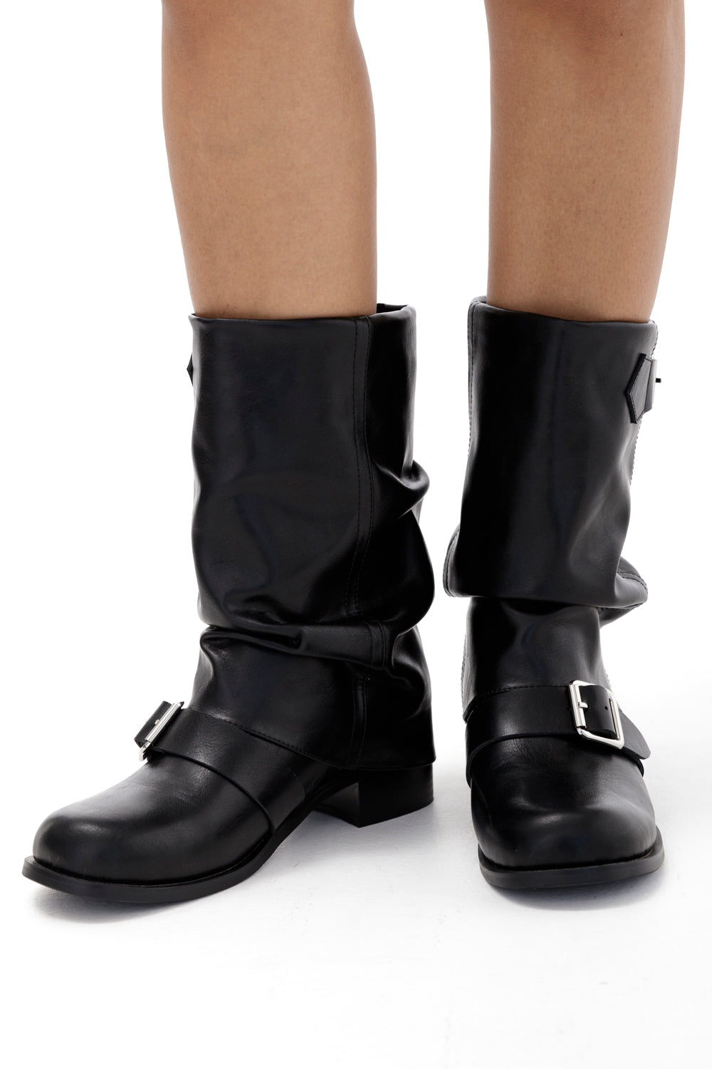 Zwarte buckle boots met gesp en lage hak