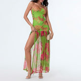 abstracte groene maxi jurk met transparante rok 