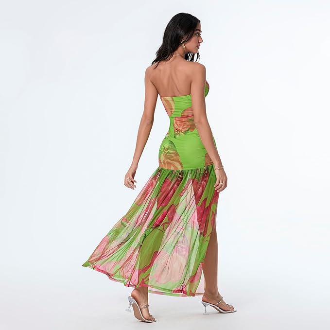 abstracte groene maxi jurk met transparante rok 