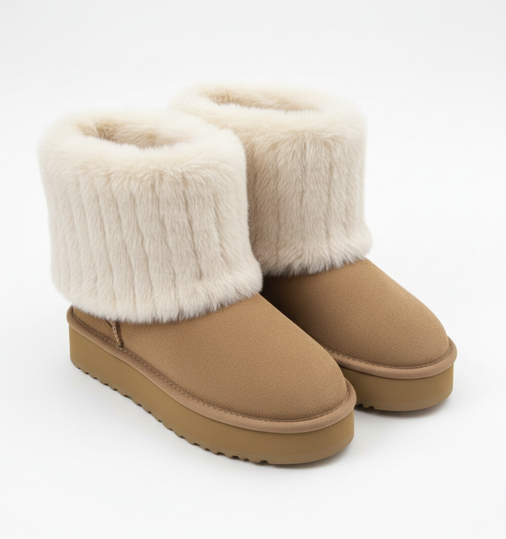 Camelkleurige winterboots met zachte crème bontkraag en stevige antislip zool – warme dames snowboots