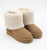 Camelkleurige winterboots met zachte crème bontkraag en stevige antislip zool – warme dames snowboots