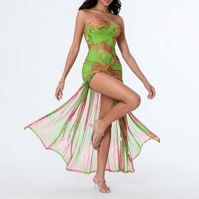 Groene maxi jurk met transparante rok 