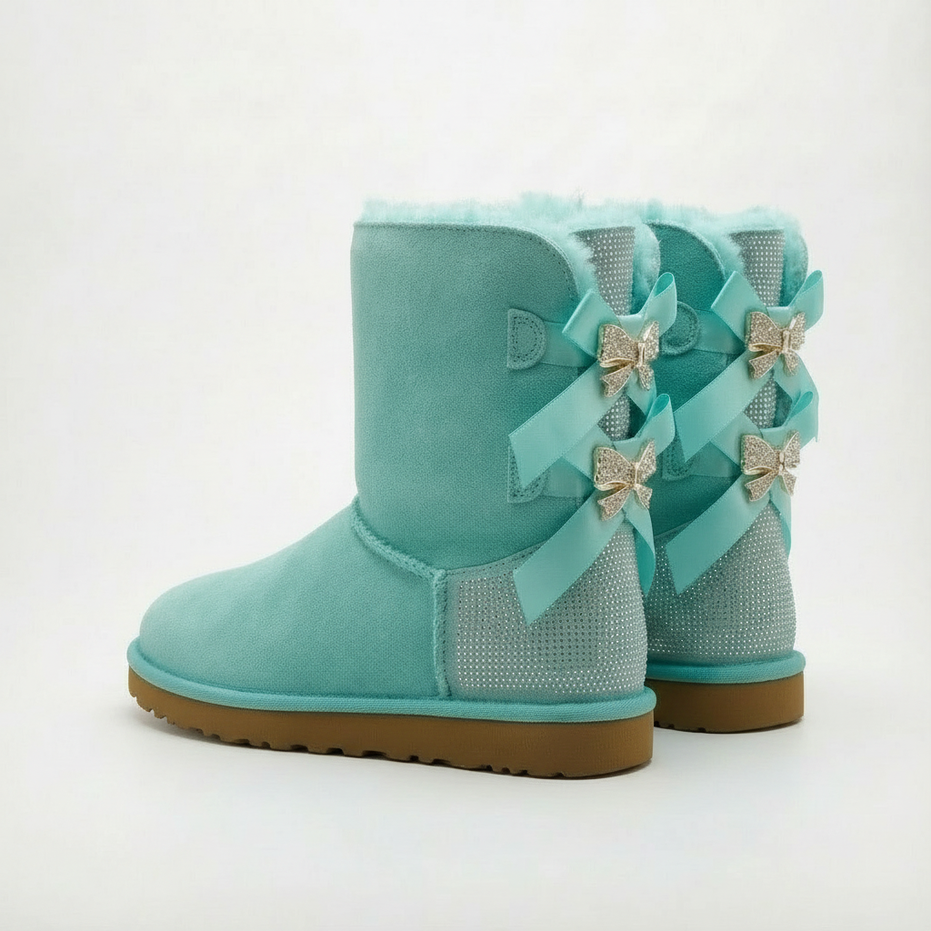 turquoise winterlaarzen dames met drie satijnen strikken