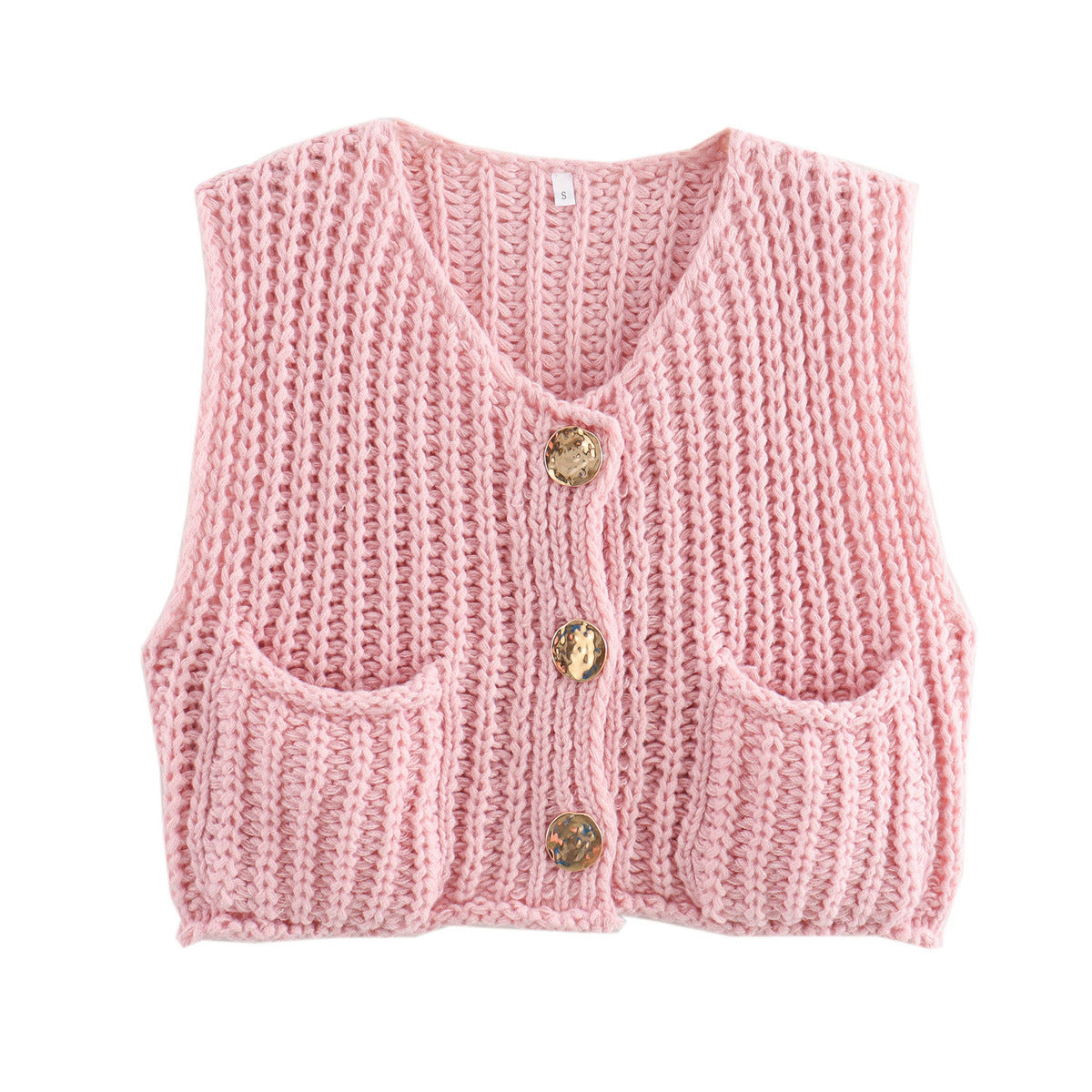 KnitCharm Vest in roze - Stijlvol mouwloos gebreid vest met luxe gouden knopen, perfect voor gelaagde herfst- en winterlooks