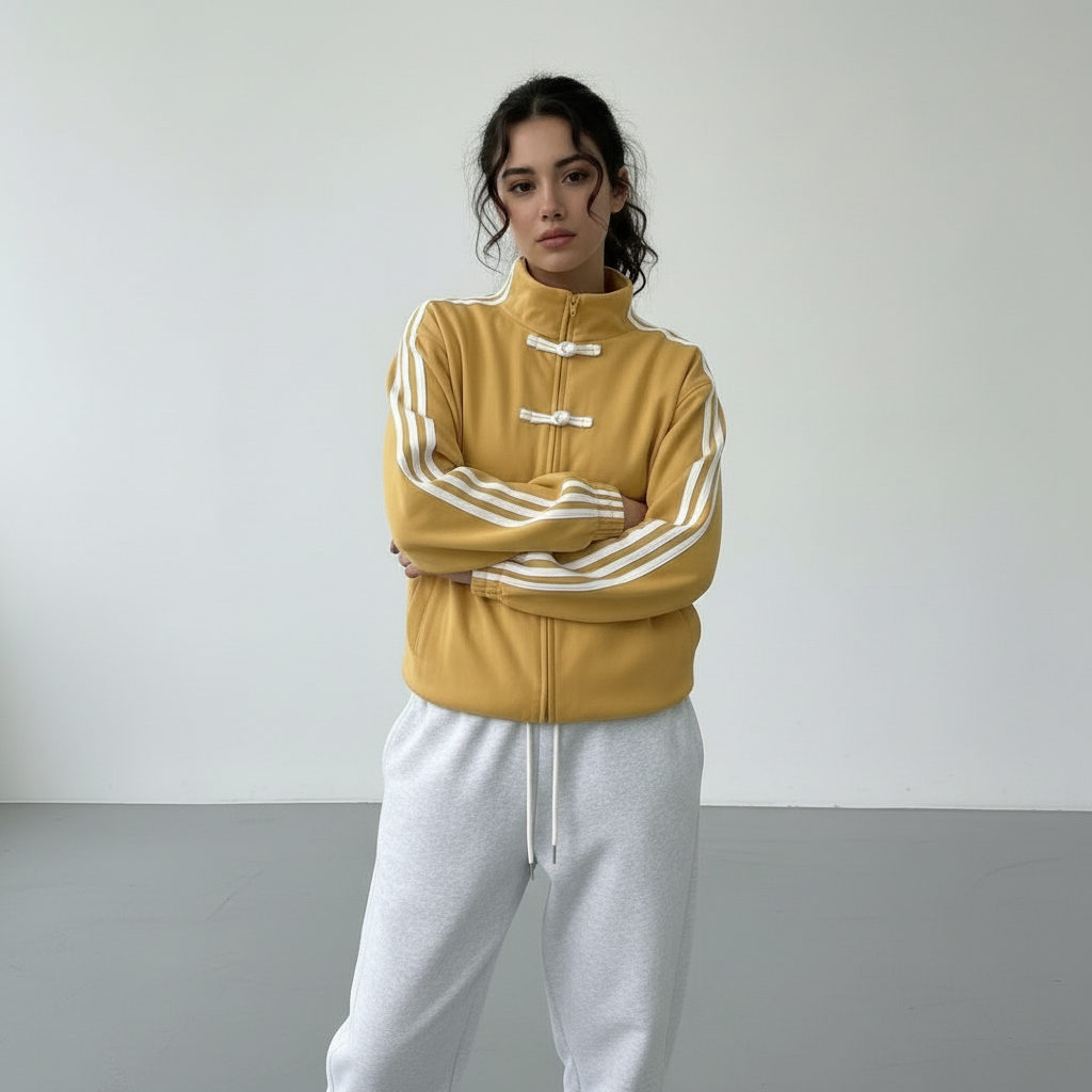 Sportief dames jack met knoopdetails mosterdgeel