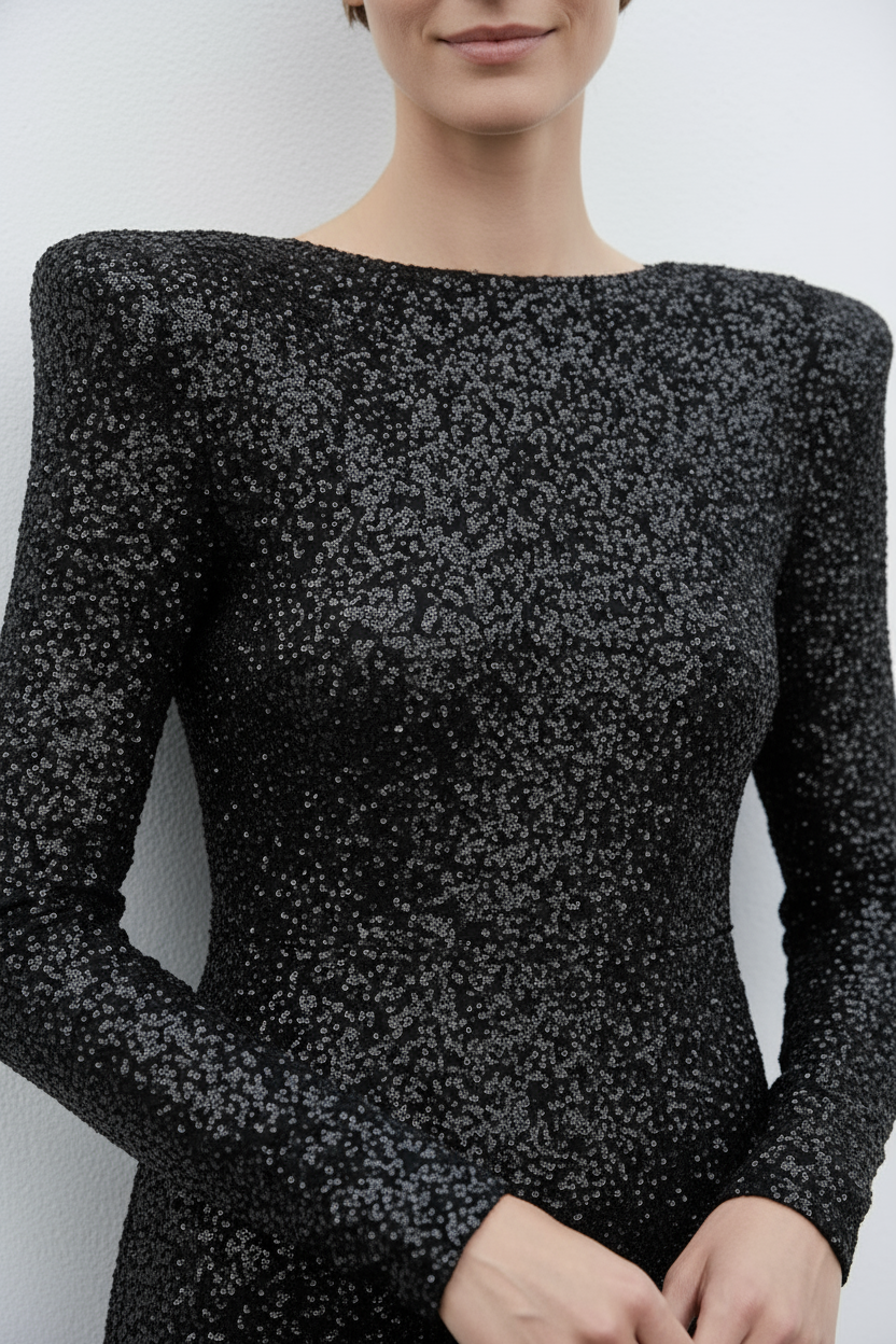 close-up van zwarte paillettenjurk met lange mouwen