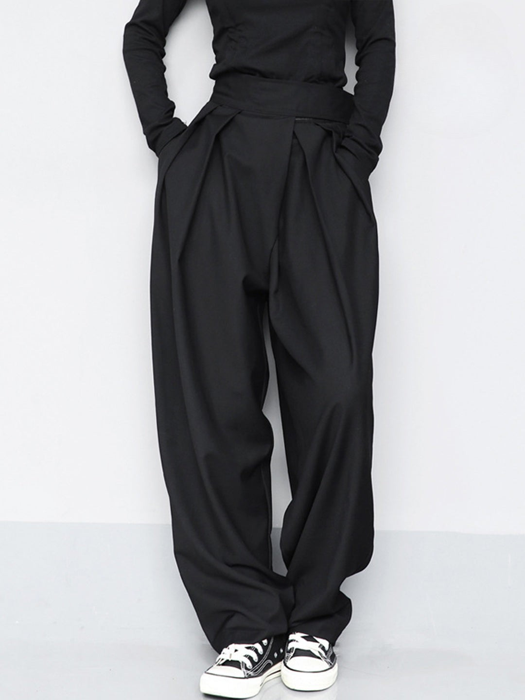 Oversized zwarte wide leg pants met velcro tailleband
