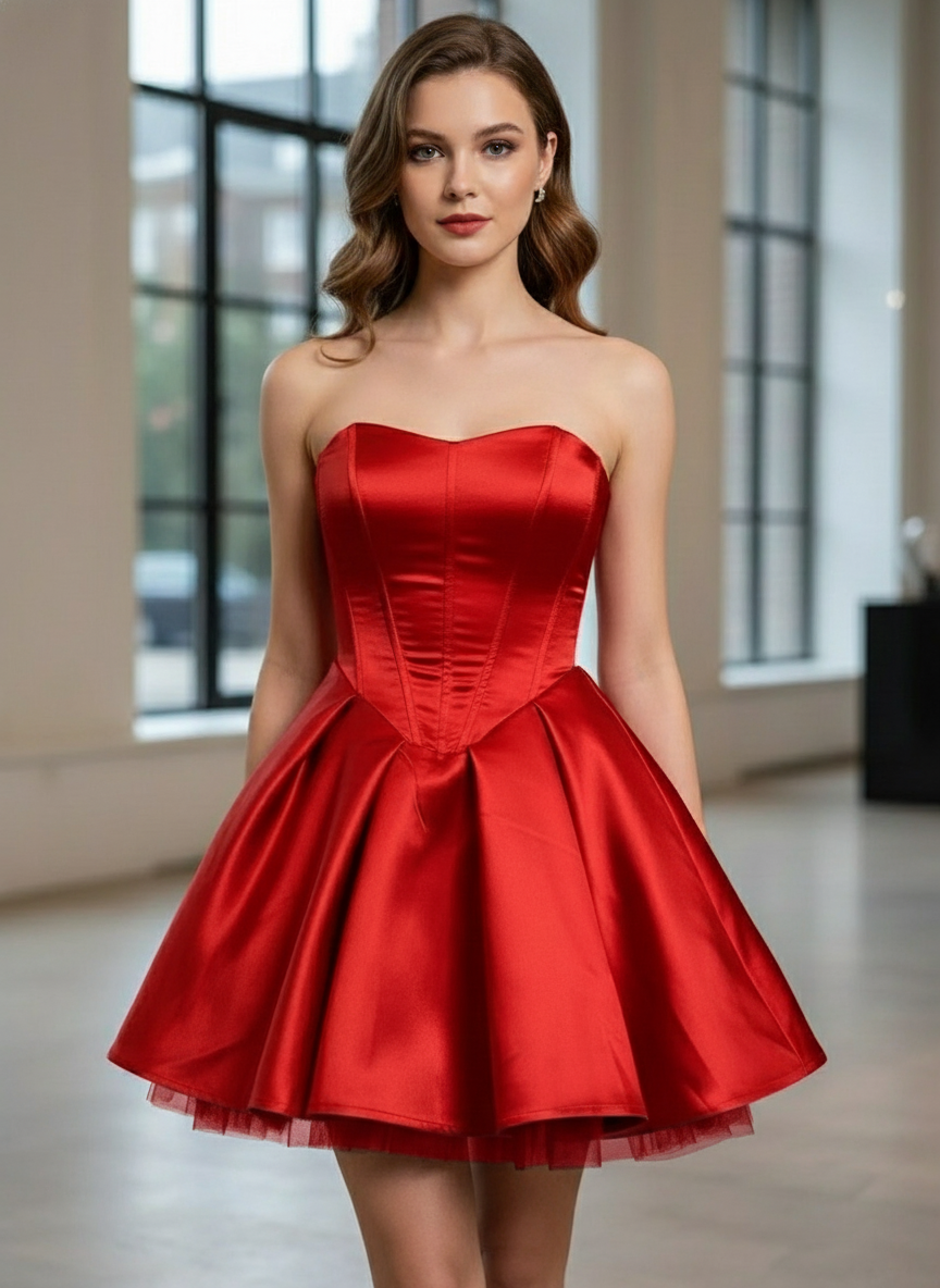 Rivella Bow Mini Dress rood strapless voorkant close-up