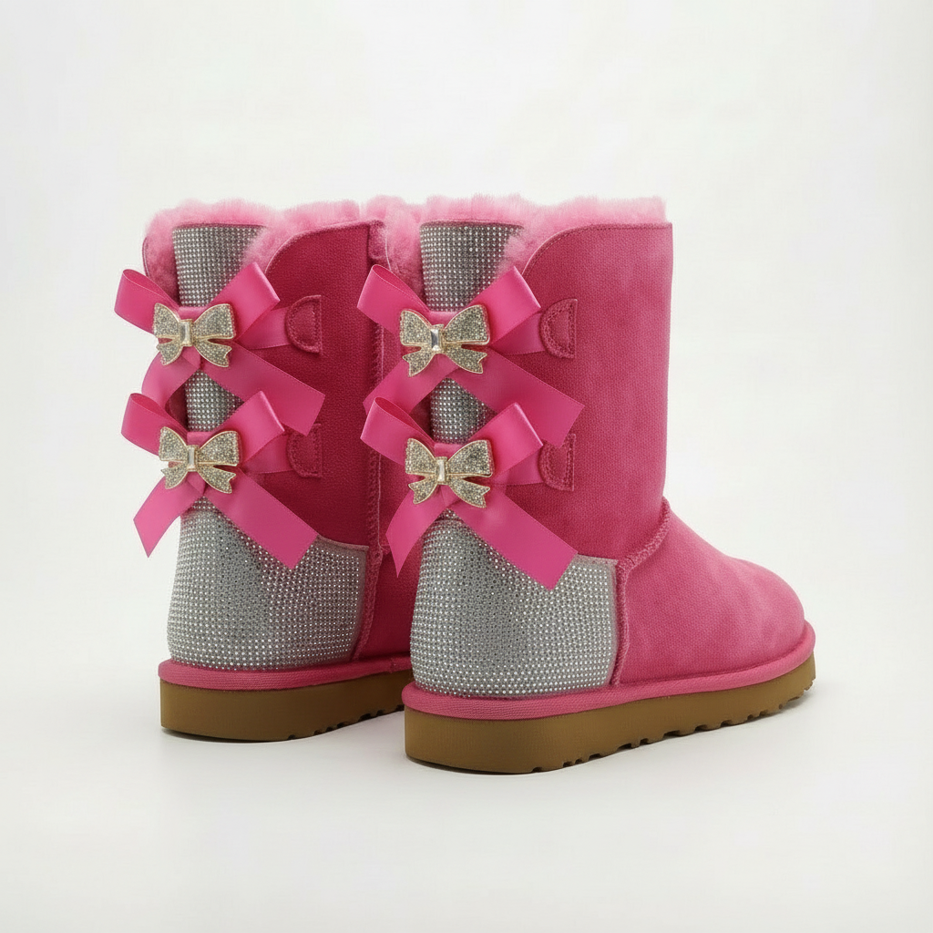hot pink bow winterlaars met faux fur voering en rhinestones