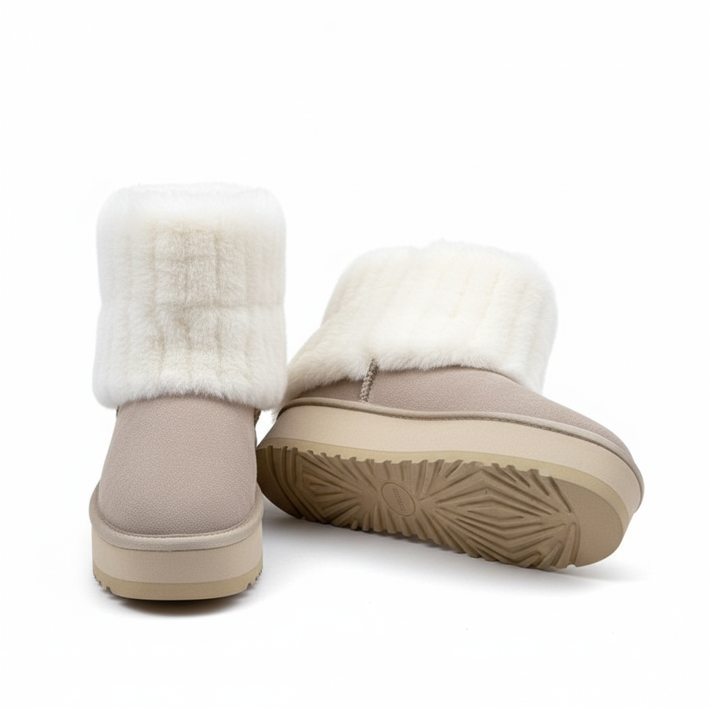 Taupe winterboots met witte pluche bontkraag en verhoogde zool – stijlvolle warme dames snowboots.