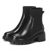 zwarte leren chelsea boots met blokhak en profielzool