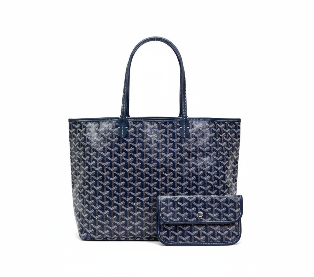 donkerblauwe tote bag met geometrisch patroon