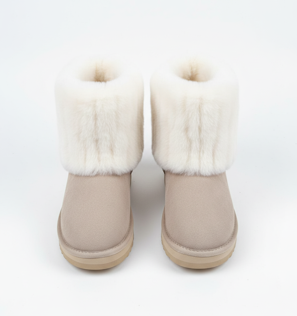 Taupe dames snowboots met dikke witte bontkraag en profielzool – winterlaarzen voor koude dagen.