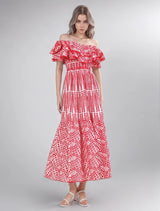 rode off shoulder midi jurk met geborduurde details