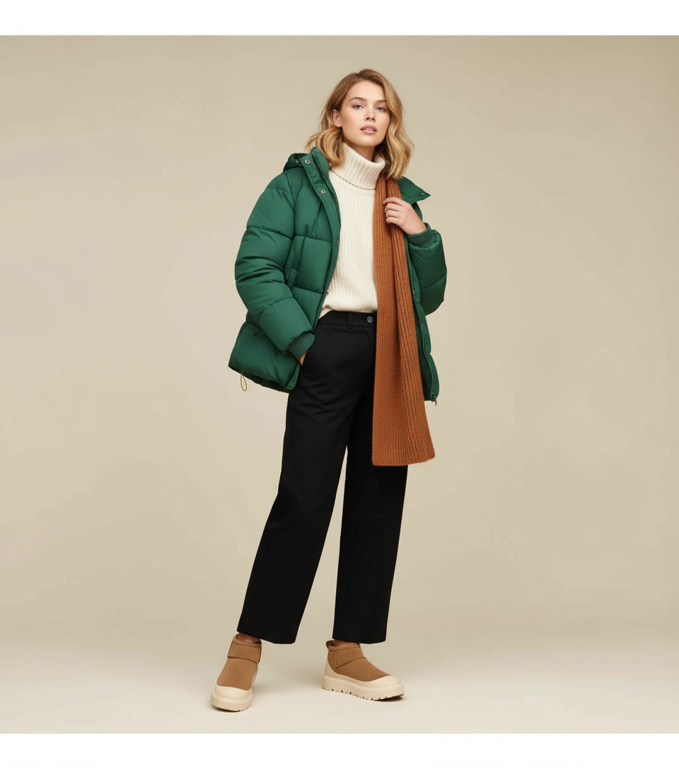 vrouw met groene jas, witte trui en bruine winter boots