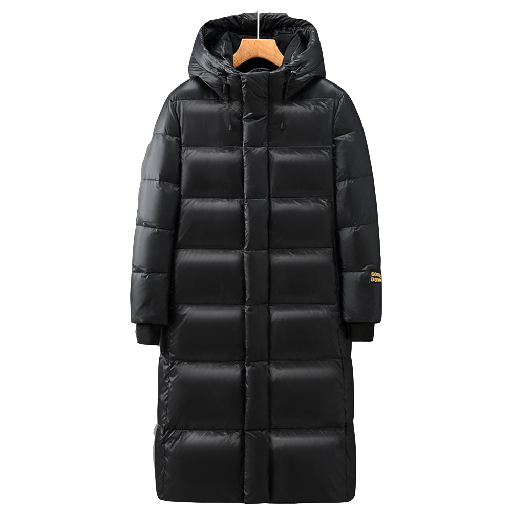 ange zwarte dames puffer jas met capuchon, voorkant