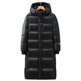 ange zwarte dames puffer jas met capuchon, voorkant