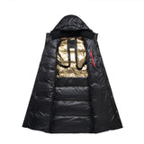 lange zwarte dames puffer jas met gouden binnenvoering en schouderbanden, open