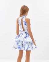 blauw bloemen co-ord set met open rug en striksluiting