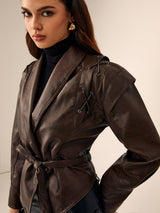 Larevia Belted Leather Jacket | Bruin leren damesjack met ceintuur