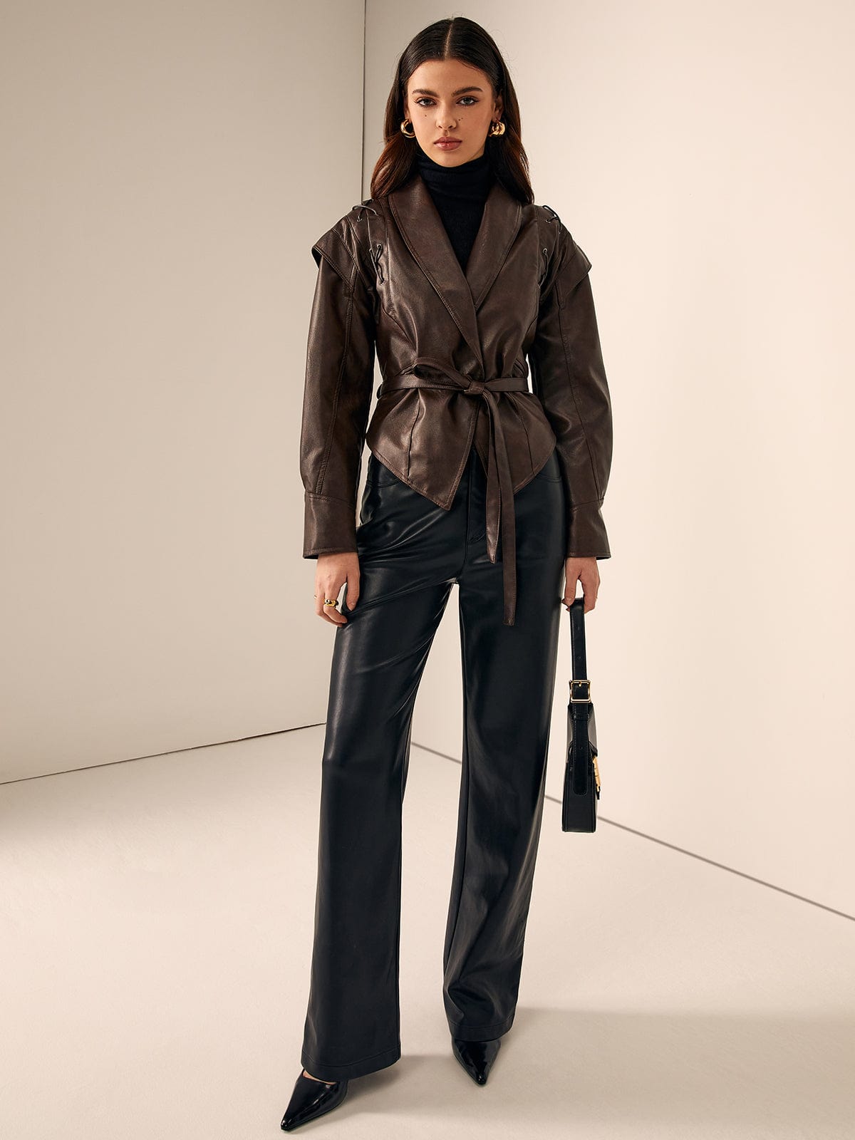 Larevia Belted Leather Jacket | Bruin leren damesjack met ceintuur