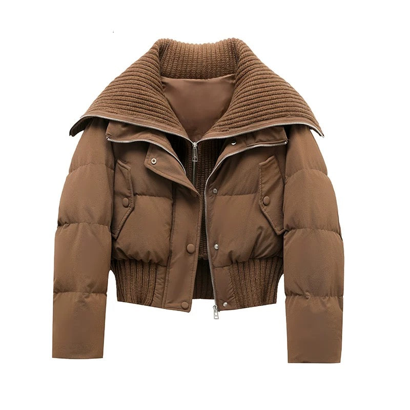 bruine korte puffer jas dames met ribboorden en klepzakken