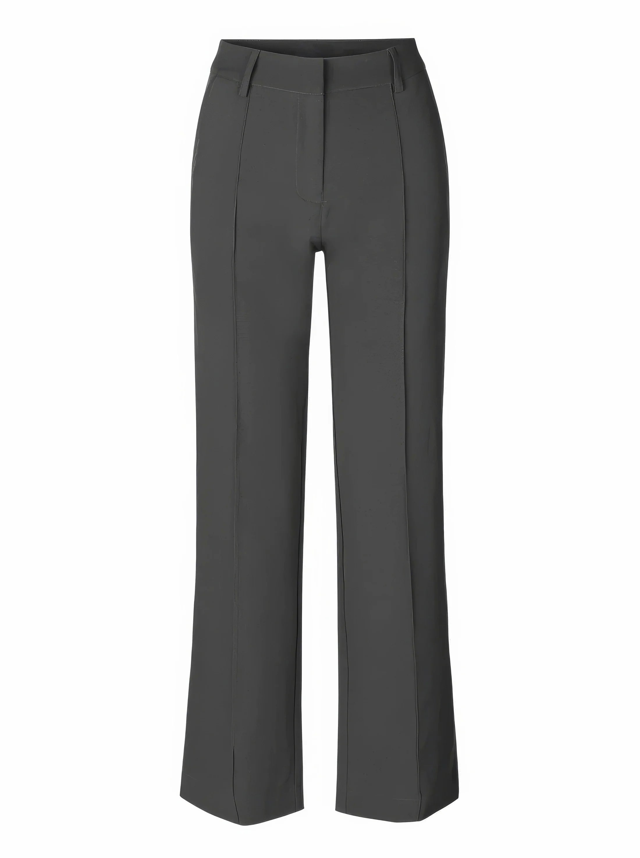 close-up van grijze pantalon met sneakers en hoge taille
