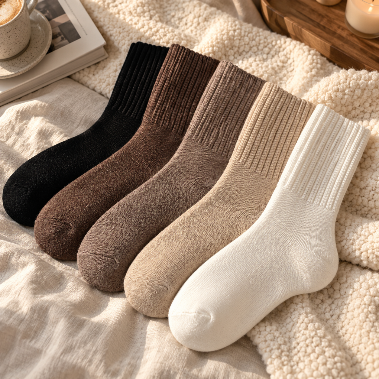 5 pack gevoerde wintersokken dames zwart bruin moka beige en wit