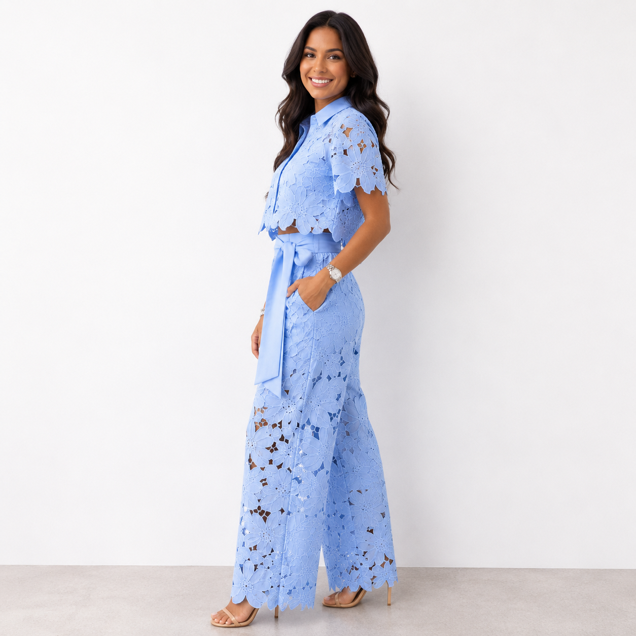 blauwe elegante dames set met floral kant