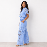 blauwe elegante dames set met floral kant