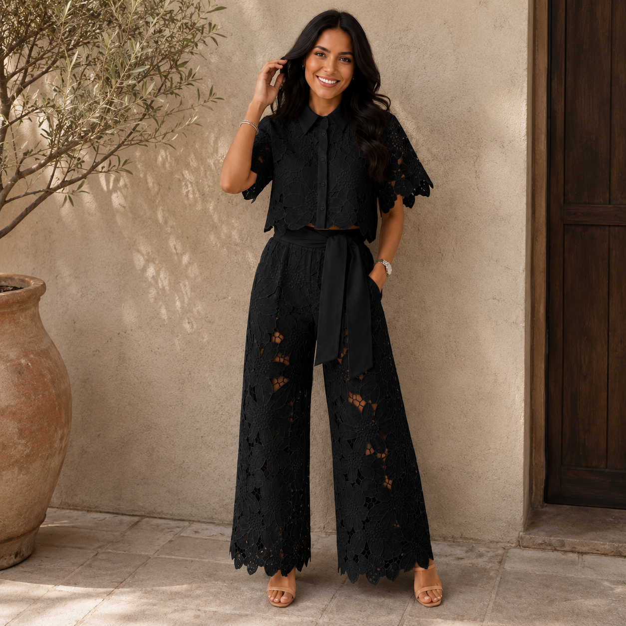 zwarte zomerse kanten co-ord set voor dames