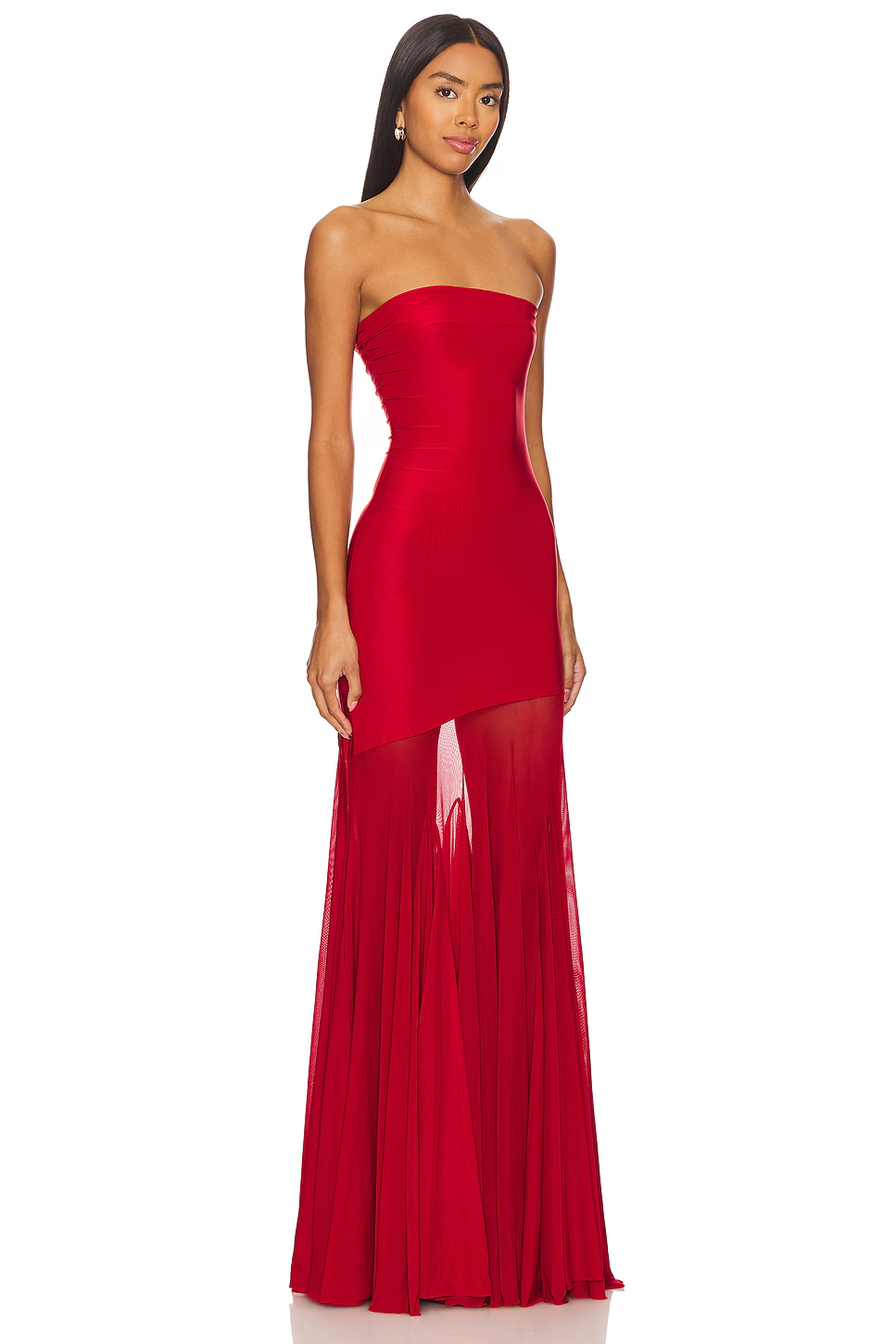 rode strapless jurk met doorschijnende tule onderzijde