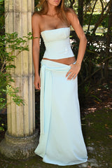 strapless top met maxi rok en knoopdetail taille dames lichtblauw