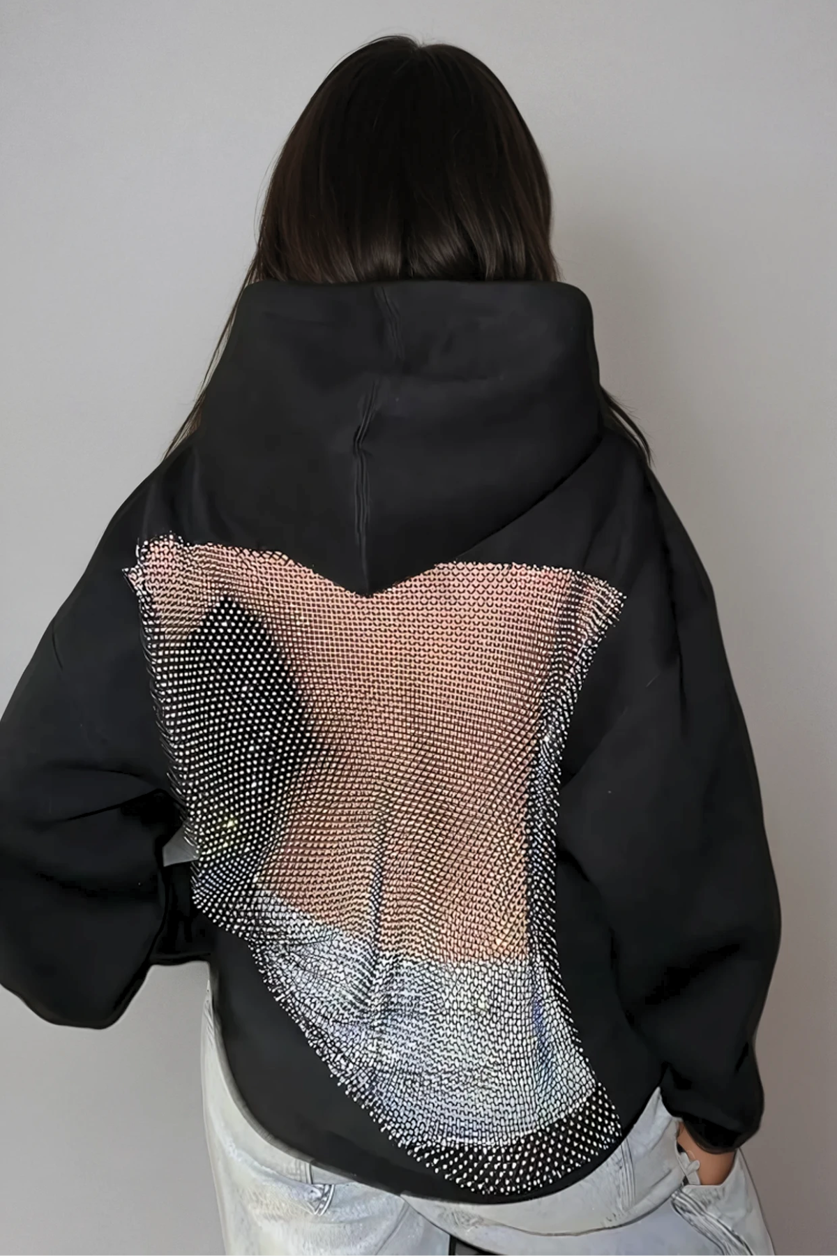 Zamira Glitter Mesh Hoodie | Oversized hoodie met open rug & glitter mesh
