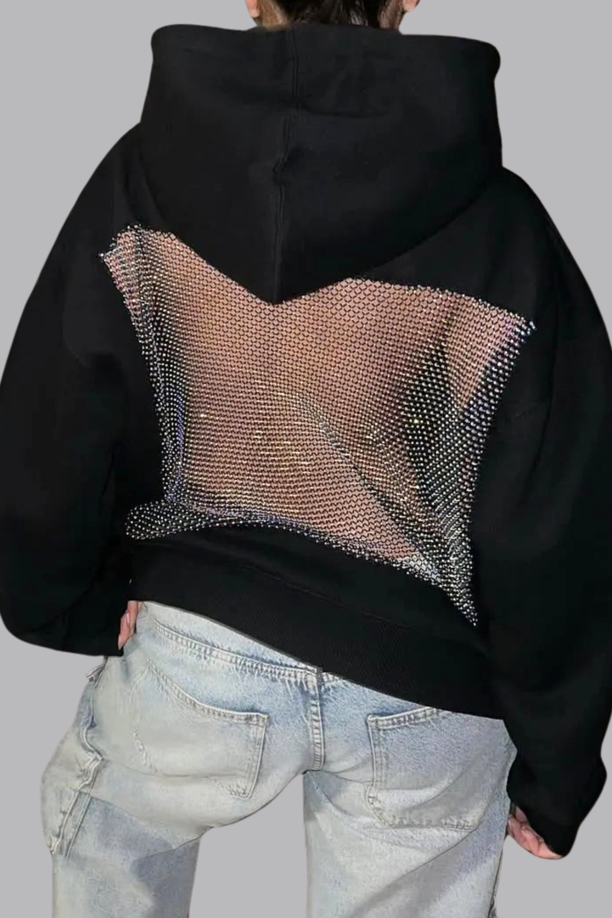 Zwarte Zamira Glitter Mesh Hoodie met open rug en glinsterend mesh detail