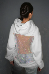 Witte oversized hoodie met glitter mesh rugpanel – Zamira Glitter Mesh Hoodie voorkant