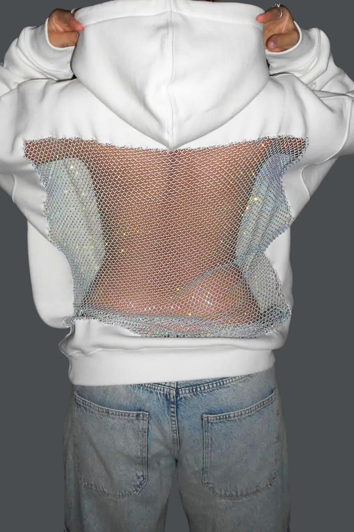 Witte Zamira Glitter Mesh Hoodie met groot glinsterend mesh paneel op de rug