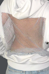 Backless Rhinestone Hoodie wit – open rug met rhinestone mesh
