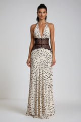 crème maxi jurk met zwarte stippen en kanten taille dames