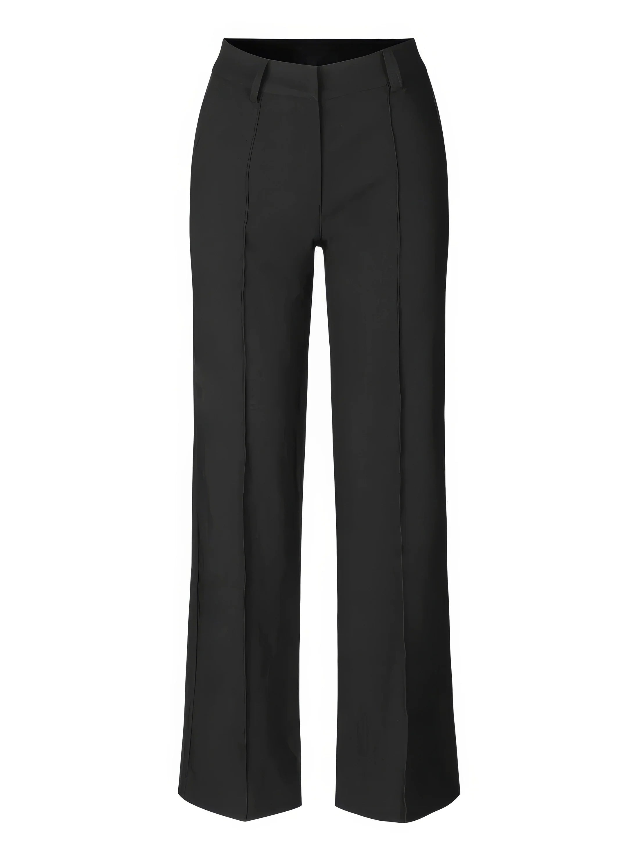 close-up van zwarte pantalon met sneakers en hoge taille