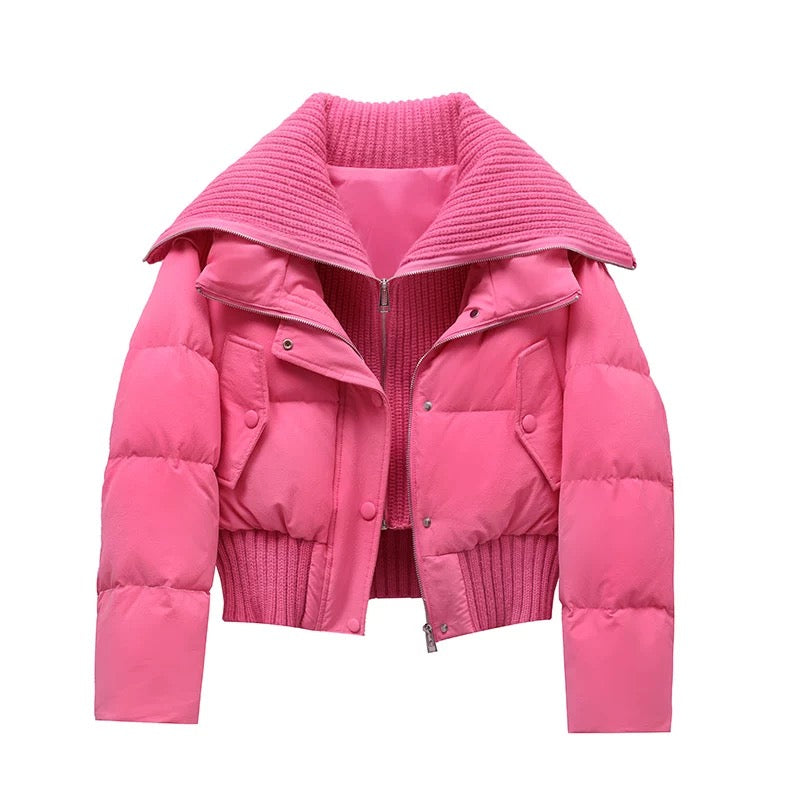roze korte puffer jas dames met gebreide omslagkraag