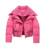 roze korte puffer jas dames met gebreide omslagkraag