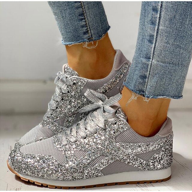 Zilveren glitter sneakers voor dames met fonkelend effect en stevige veters
