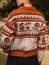 gebreid vest dames met pompoenprint en herfstbladeren op de rug