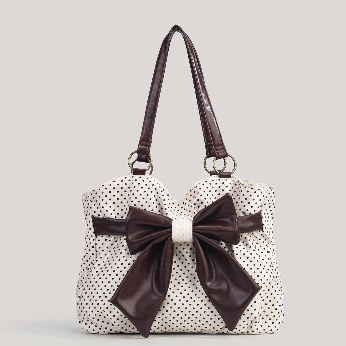 witte polkadot schoudertas met grote bruine strik dames