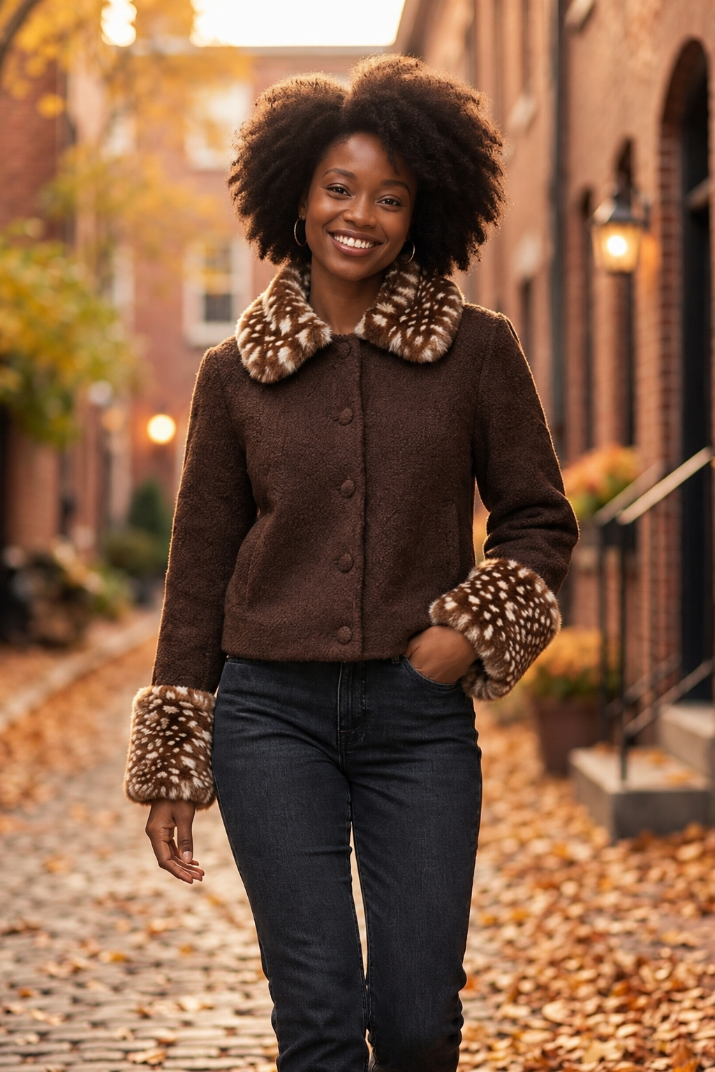 chocoladebruin kort vest dames met gespikkelde bontlook kraag en mouwboorden